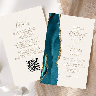 Budget Teal Gold Ivory QR Code Wedding Invitation