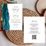 Budget Teal Gold QR Code Wedding Invitation<br><div class="desc">Save the cost of printing and mailing separate RSVP cards with this elegant modern all-in-one budget wedding invitation. The left-hand edge features a teal blue watercolor agate border trimmed with gold faux glitter. The customisable text combines charcoal grey handwriting, copperplate and italic fonts on a white background. The reverse side...</div>