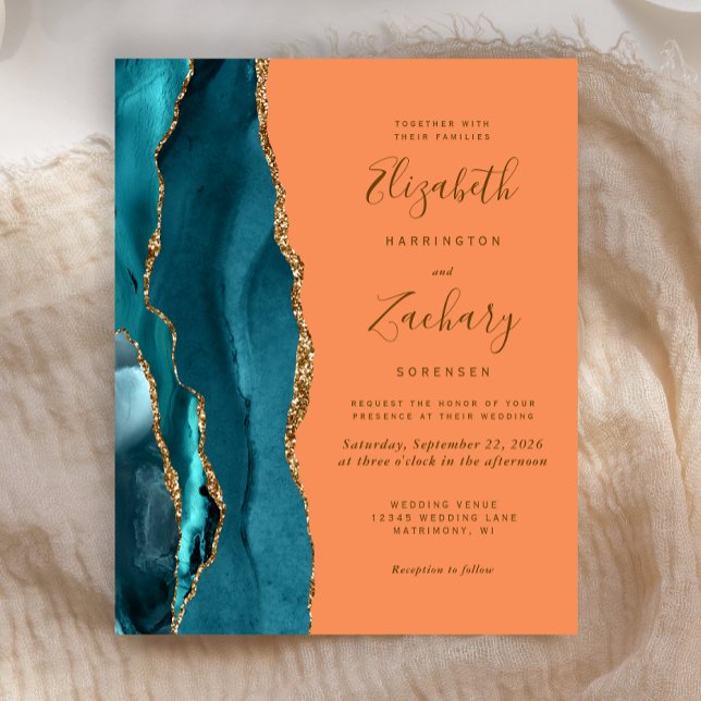 Budget Teal Gold Tangerine Agate Wedding Invite (Creator Uploaded)