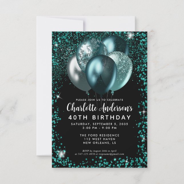 Budget Teal Green Black Glitter Balloon Birthday Card (Front)