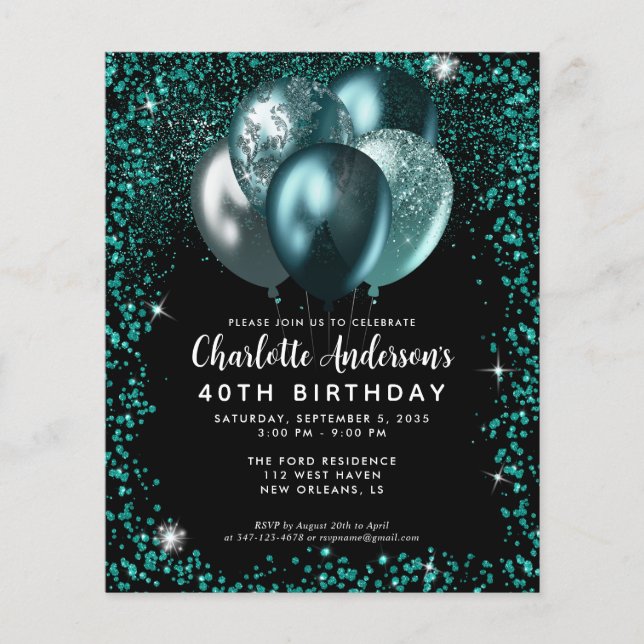 Budget Teal Green Black Glitter Balloon Birthday Flyer (Front)