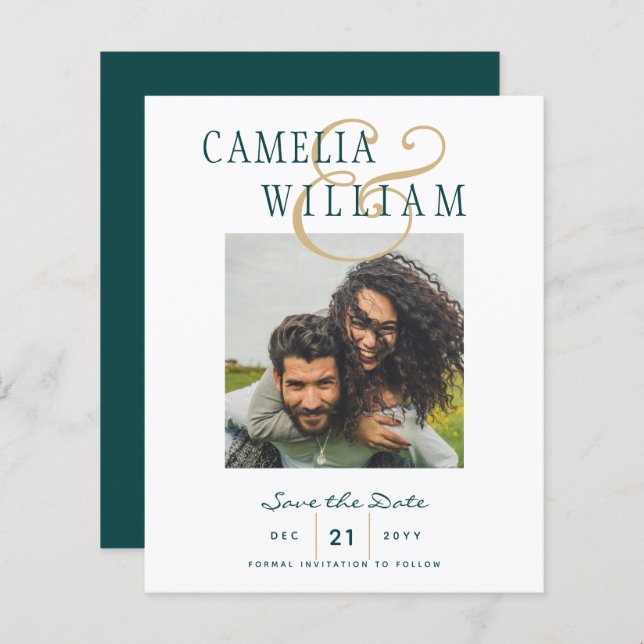 BUDGET Teal Green Gold PHOTO Save the Date (Front/Back)