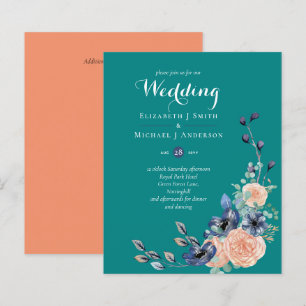 BUDGET Teal Navy Coral Floral Wedding Invitations