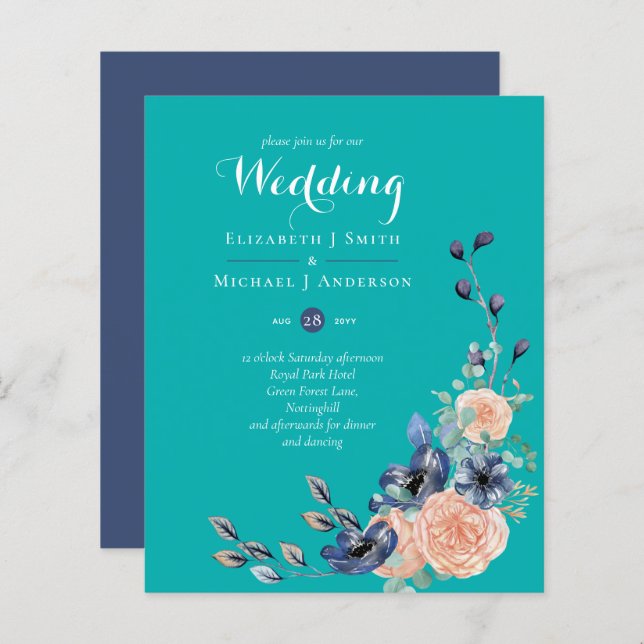 BUDGET  Teal Navy Coral Floral Wedding Invitations (Front/Back)