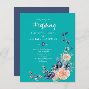 BUDGET Teal Navy Coral Floral Wedding Invitations