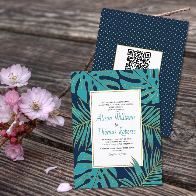 BUDGET teal navy QR code leaves wedding invitation (Creator Uploaded)
