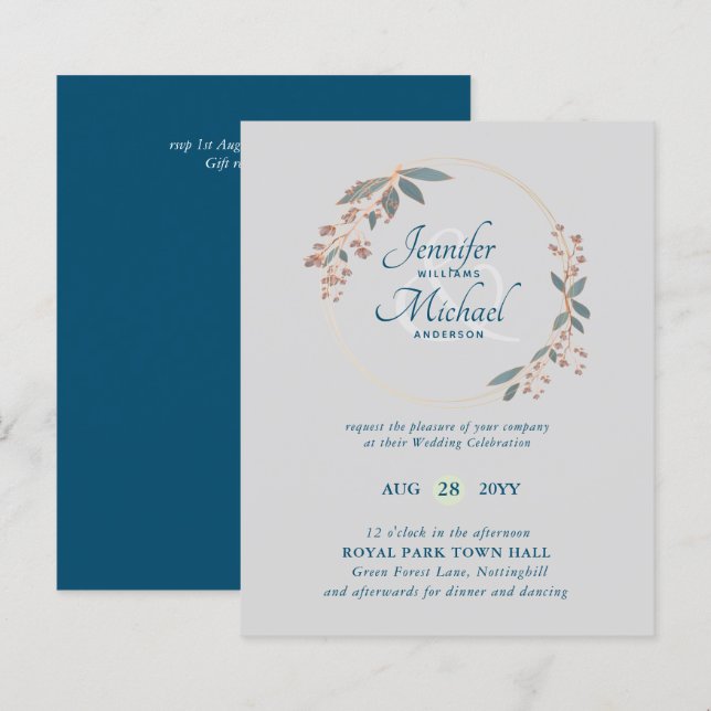 BUDGET Teal Orange Leaves Wedding Invitation (Front/Back)