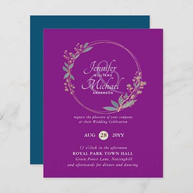 BUDGET Teal Orange Leaves Wedding Invitation (Front/Back)