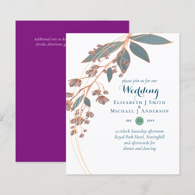 BUDGET Teal Orange Leaves Wedding Invitation (Front/Back)