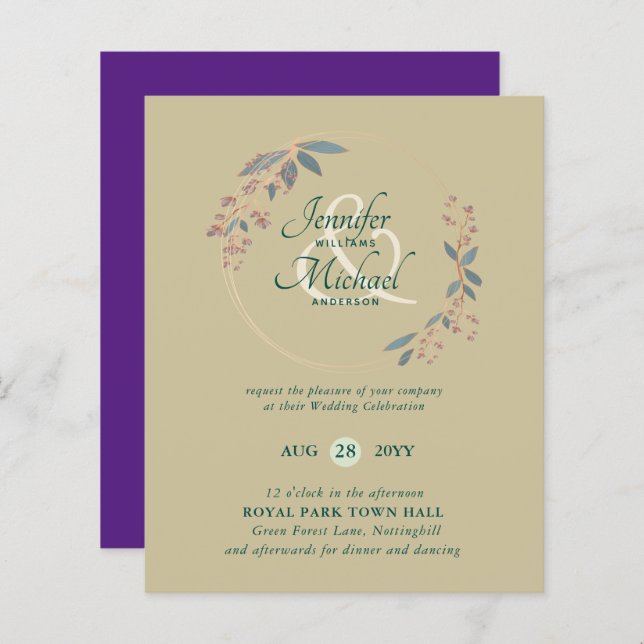 BUDGET Teal Orange Leaves Wedding Invitation (Front/Back)