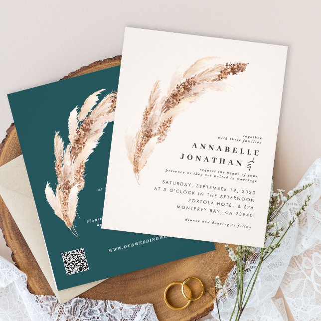 Budget teal pampas grass elegant wedding invite flyer (Creator Uploaded)