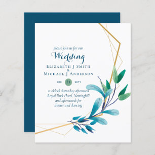 BUDGET Teal Purple Gold Wreath Wedding Invitations