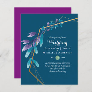 BUDGET Teal Purple Gold Wreath Wedding Invitations