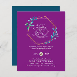BUDGET Teal Purple Gold Wreath Wedding Invitations