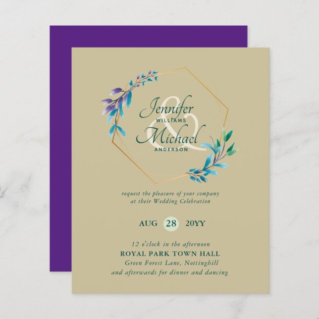 BUDGET Teal Purple Gold Wreath Wedding Invitations (Front/Back)