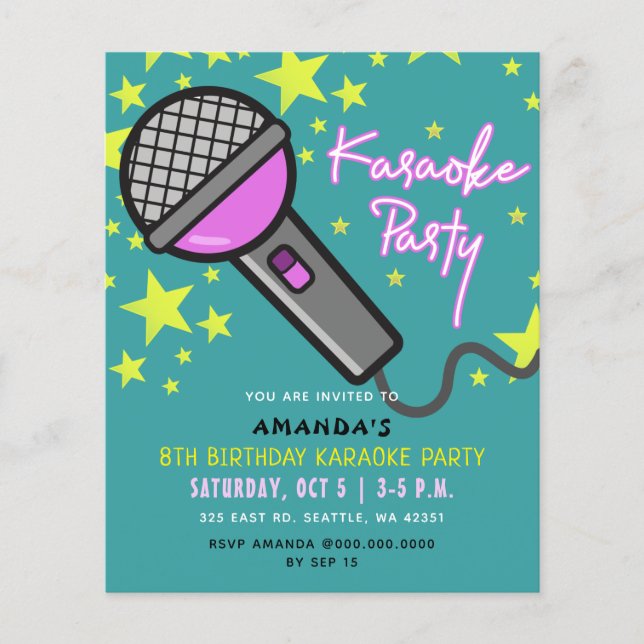 Budget Teal Purple Kids Karaoke Party Invitation (Front)