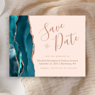 Budget Teal Rose Gold Agate Blush Save the Date