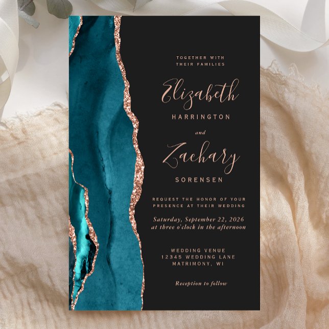 Budget Teal Rose Gold Agate Dark Wedding Invite (Creator Uploaded)