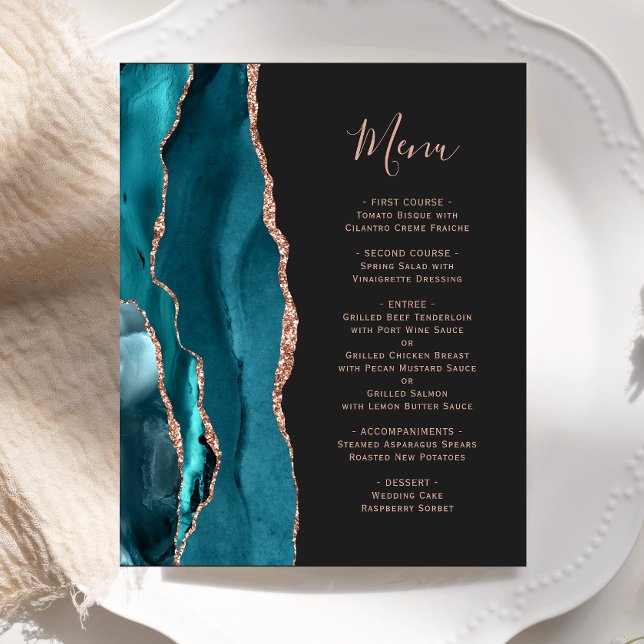 Budget Teal Rose Gold Agate Dark Wedding Menu (Creator Uploaded)