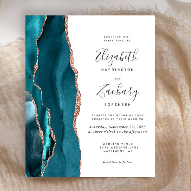 Budget Teal Rose Gold Agate Wedding Invitation (Creator Uploaded)