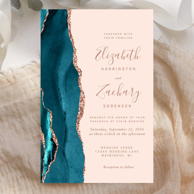 Budget Teal Rose Gold Agate Wedding Invitation (Creator Uploaded)