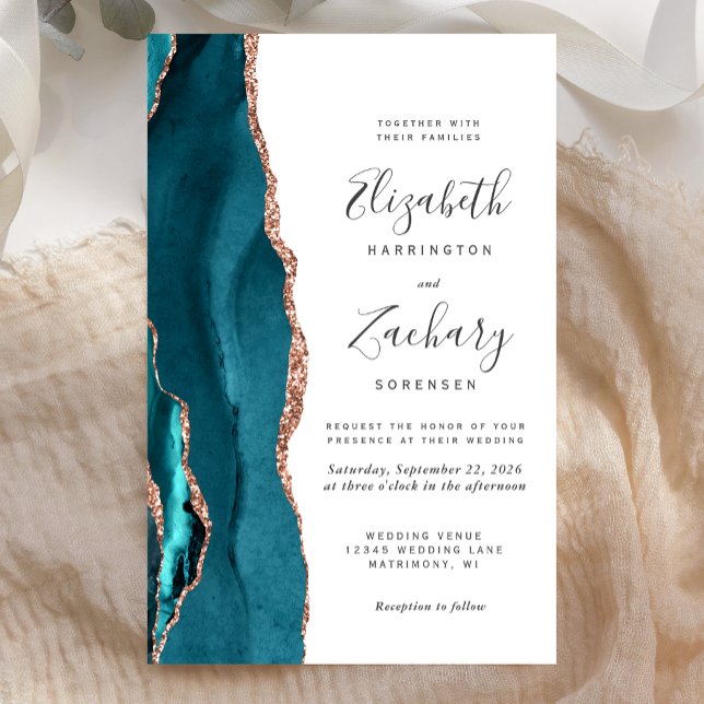 Budget Teal Rose Gold Agate Wedding Invitation (Creator Uploaded)