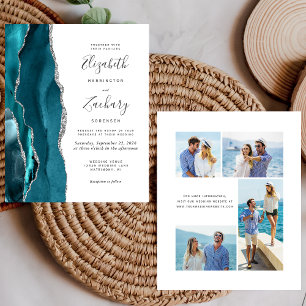 Budget Teal Silver Agate 4-Photo Wedding Invite