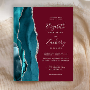 Budget Teal Silver Agate Burgundy Wedding Invite