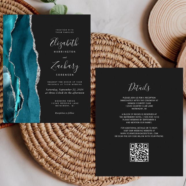 Budget Teal Silver Agate Dark QR Code Wedding (Creator Uploaded)
