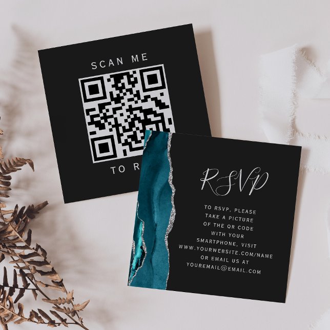 Budget Teal Silver Agate Dark Wedding QR Code RSVP Enclosure Card (Creator Uploaded)