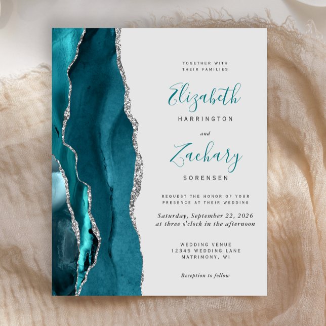 Budget Teal Silver Agate Grey Wedding Invitation (Creator Uploaded)