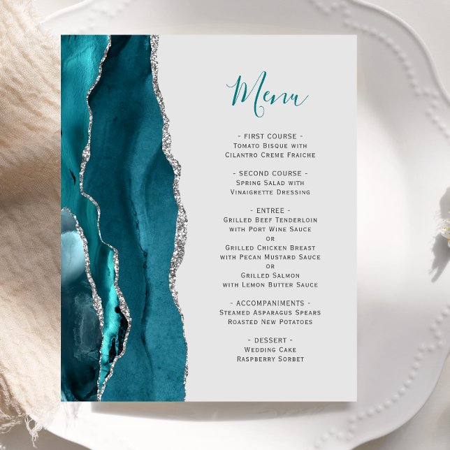 Budget Teal Silver Agate Grey Wedding Menu (Creator Uploaded)
