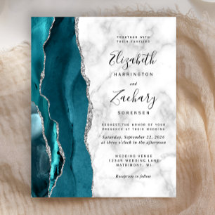 Budget Teal Silver Agate Marble Wedding Invite
