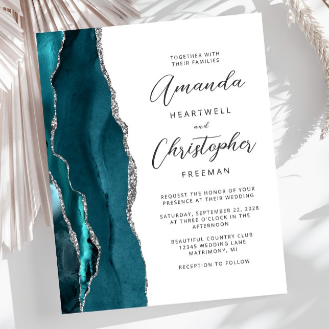 Budget Teal Silver Agate Slate Wedding Invitation (Creator Uploaded)