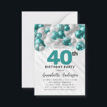 Budget Teal Silver Balloon Glitter 40th Birthday Card<br><div class="desc">Modern Glam Teal Green Silver Balloon Glitter Sparkle Any Age Birthday Invitation</div>