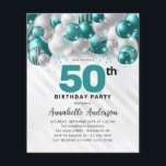 Budget Teal Silver Balloon Glitter 50th Birthday<br><div class="desc">Modern Glam Teal Green Silver Balloon Glitter Sparkle Any Age Birthday Invitation</div>