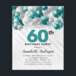 Budget Teal Silver Balloon Glitter 60th Birthday<br><div class="desc">Modern Glam Teal Green Silver Balloon Glitter Sparkle Any Age Birthday Invitation</div>