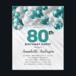Budget Teal Silver Balloon Glitter 80th Birthday<br><div class="desc">Modern Glam Teal Green Silver Balloon Glitter Sparkle Any Age Birthday Invitation</div>