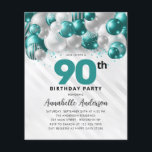 Budget Teal Silver Balloon Glitter 90th Birthday<br><div class="desc">Modern Glam Teal Green Silver Balloon Glitter Sparkle Any Age Birthday Invitation</div>
