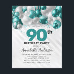 Budget Teal Silver Balloon Glitter 90th Birthday<br><div class="desc">Modern Glam Teal Green Silver Balloon Glitter Sparkle Any Age Birthday Invitation</div>