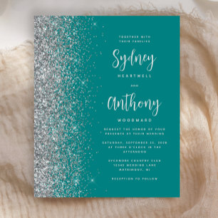 Budget Teal Silver Calligraphy Wedding Invite