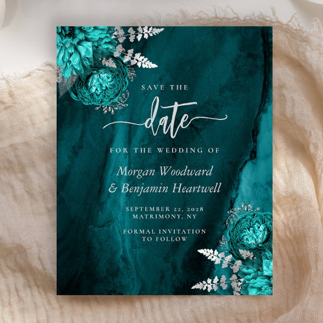 Budget Teal Silver Floral Wedding Save the Date (Creator Uploaded)
