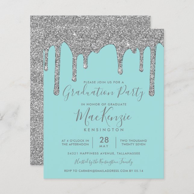 BUDGET Teal Silver Glitter Drips Graduation Party (Front/Back)