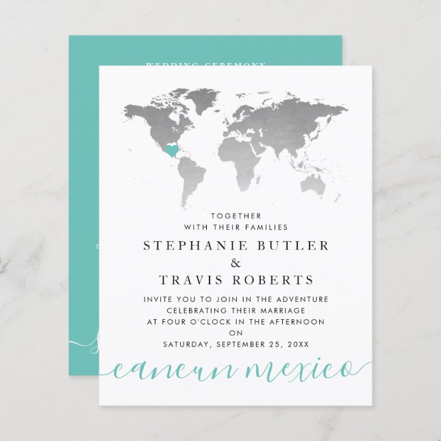 Budget Teal Silver Map Destination Wedding Invite (Front/Back)