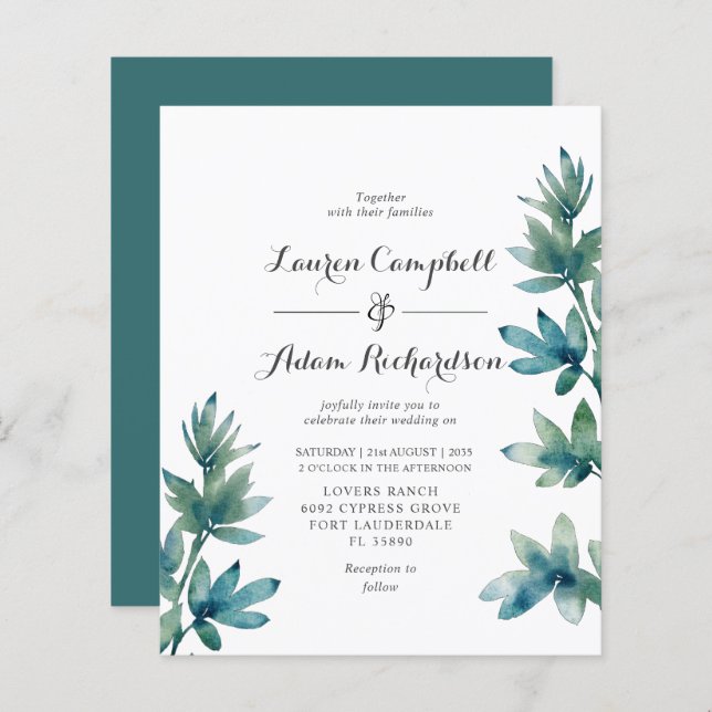 Budget Teal Watercolor Foliage Wedding Invitation (Front/Back)