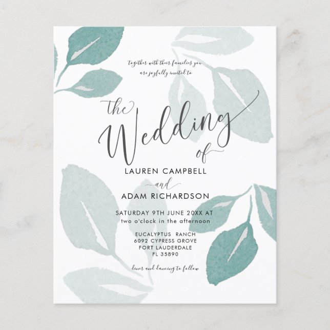 Budget Teal Watercolor Foliage Wedding Invitation (Front)