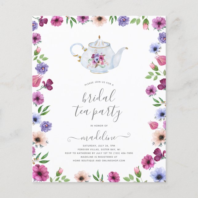 Budget Teapot Floral Bridal Shower Tea Invitation Flyer (Front)