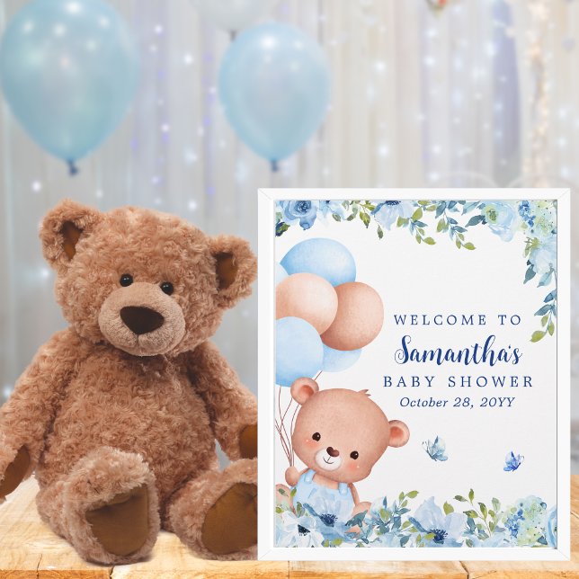 Budget Teddy Bear Balloon Baby Shower Welcome Sign (Teddy bear and balloons baby shower welcome sign for moms expecting a baby boy)