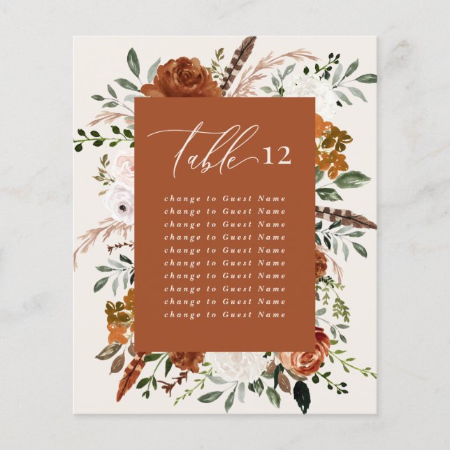 Budget terracotta black floral table seating plan (Front)