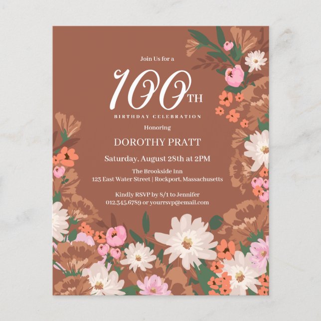 Budget Terracotta Floral 100th Birthday Invite (Front)
